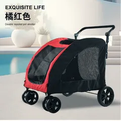 特価1点限り　ペットカート 折りたたみ 中型犬 大型犬 猫用 耐荷重55kg 前輪360度回転 静音設計 通気性 お散歩 介護用 ドッグカート 犬小屋 レッド ワイドサイズ 小型犬２頭余裕サイズ レッドのサムネイル