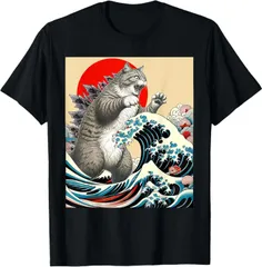送料無料  100%コットン Catzilla 猫日本美術面白い猫 Tシャツ 熱転写3Dプリント メンズ　レディース おもしろい 半袖 パロディ　Tシャツ