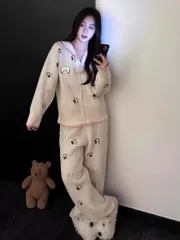 パジャマ ルームウェア レディース もこもこ 長袖 ルームウェア 前開き 上下セット 部屋着 寒さ対策 ふわふわ 厚手 可愛い