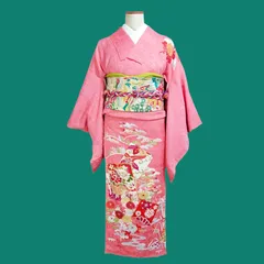 花 牡丹 菊 訪問着 アンティーク着物 ピンク