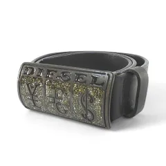 ディーゼル DIESEL 00E 10300312 ベルト ユーロマネーデザイン レザー 本革 85/34 黒系 ブラック イタリア製 トップ式 バックル 小物