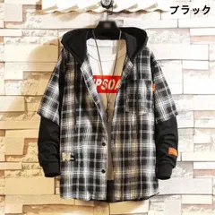 メンズ長袖パーカー・重ね着風・チェック柄・フード付き・ポケット付き・大きいサイズ・ゆったり・カジュアル・通勤OK
