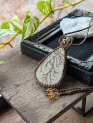 ☆特大☆デンドライトライムストーン・デンドライト☆マクラメ編みネックレス 484・マクラメネックレス