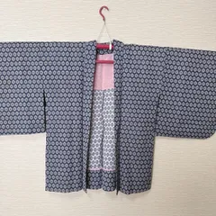 き779】アンティーク羽織　藍色　細かい幾何学文様　総柄　レトロ 着物 モダン リメイク素材にも