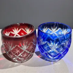 江戸切子? 2客揃え 青被せ 赤被せ お猪口 切子グラス 時代物 工芸品 インテリア