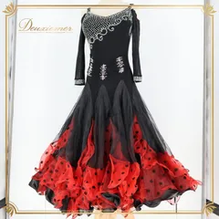 社交ダンス 衣装 ワンピース ドレス 水玉 ドット 赤 黒 フリル レース パーティ 発表会 ブラック系 レッド系 ふんわり スカート ロングドレス ジャズダンス ダンスパーティ 発表会用 ファッション フォーマル レディース おしゃれ かわいい フェミニン