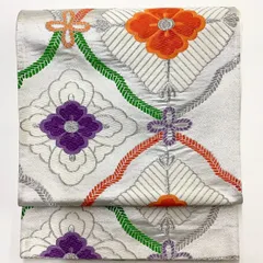 ［6209］袋帯 花菱変わり繋ぎ 銀彩 シルバー 六通 正絹 着物 フォーマル