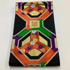 ［6210］袋帯 草花御天井文様 刺繍 六通 正絹 着物 フォーマル 黒