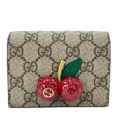 グッチ 二つ折り財布 レディース スナップボタン GGスプリーム チェリー GUCCI 476050    ブラウン 茶 レッド 赤 ゴールド金具 美品【中古品】