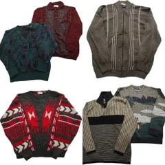 古着卸 まとめ売り 総柄 セーター 6枚セット (メンズ M ) ニットポロ Vネック 切り替えデザイン フルジップ 幾何学模様 中古 NC9732