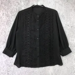 moment+ モーメントプラス シフォン ジョーゼット スタンド カラー フロント レース シャツ ブラック Mサイズ 〇□