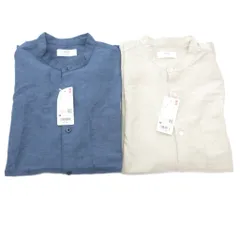 ユニクロ UNIQLO タグ付き スタンドカラーシャツ コットン リネン混 M ブルー 青 ベージュ 2点セット /IU