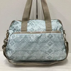 7261　良品　LeSportsac　レスポートサック　 ボストンバッグ　2way　旅行　 キャリーオン　リボン　総柄　 水色系　ナイロン　軽量　 HARPER BAG　レースメドウ　 レディース