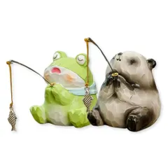 SALUDABLE 釣り フィギュア 線香立て オブジェ インテリア おもしろ雑貨 水槽 置物 お香 (カエル・パンダ セット)