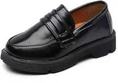 Belle Iza Bella キッズ フォーマルシューズ ローファー 履きやすい 子供靴 滑りにくい 厚底 シンプル PUレザー 男の子 女の子 軽量 無地 ドレス ピアノ 卒園 入学 七五三 写真 かわいい (ブラック,  17.5 cm)