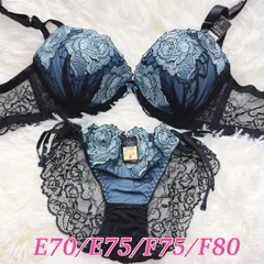 ブラショーツセット E70/E75/F75/F80 大きいサイズ グラマーサイズ フルバック  バックレース バック透け 紐パン 解けるリボン ブルー 可愛い セクシー 大輪ローズ