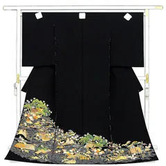 ※記念感謝祭【仕立無料】東京友禅工芸手描き本加工黒留袖☆王朝庭園四季花祝い波文☆最高級手刺繍美術本糸目仕様（10012493）