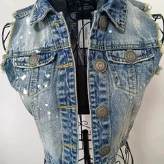 値下げ！♡パンク系／渋谷109系♡【MAISON GILFY／メゾンギルフィ】ペイント＆ダメージド・ストーンウオッシュハード・デニム ショート丈ベスト◇タグ付き新品 未使用品◇  94.