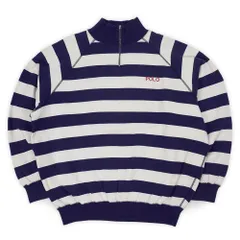 ポロラルフローレン POLO RALPH LAUREN 90s 90年代 ハーフジップ ハイネック ロゴ刺? ボーダー スウェット USA ヴィンテージ アメリカ 古着 メンズ トレーナー ネイビー×ホワイト XL【中古】