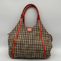 EF1211-12-2 AQUASCUTUM チェック柄 トートバッグ 赤レザー エンブレム付き
