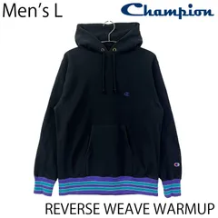 【USED／メンズL】CHAMPION リバースウィーブ ウォームアップ フーディ ラインリブ ブラック