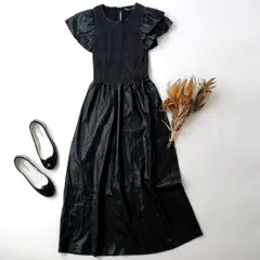ZARA ザラ フェイクレザー ギャザーワンピース ブラック レイヤード フリル袖 シャーリング S 黒 ブラック(78K＋7176)25F