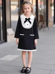 ガールズ フレンチヴィンテージ ドレス 長袖 Aライン ワンピース 黒 レース襟 入園式 卒園式 発表会 結婚式 フォーマル 90〜140