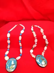 天然石×貝パール ネックレス 2本セット 魚モチーフ ペンダントトップ 中古品 N260