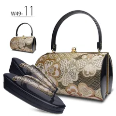 草履バッグセット 振袖 フォーマル 帯地 黒 金 桜 フリーサイズ w49-11