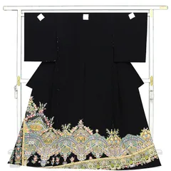 ※記念感謝祭【仕立無料】京友禅伝統工芸手描き染、手刺繍、本金加工☆特撰西洋王朝吉祥華文黒留袖（10012495）