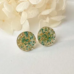 グリーン & ゴールド キラキラ ピアス ステンレス 丸【No.290】