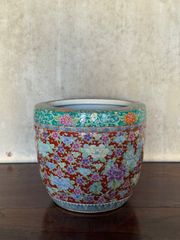火鉢 高さ22cm 色絵 十錦手 鉢カバー インテリア めだか 花生 睡蓮