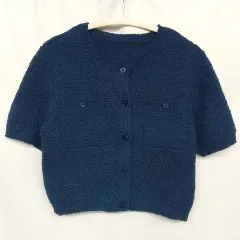 BONJOURSAGAN ボンジュールサガン スクエアポケットブークレニット半袖カーディガン ネイビー M □〇