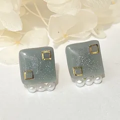 ブルーグレー パール スクエア ピアス ラメ ゴールド ステンレス 四角 上品 きれいめ【249】