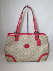 美品　コーチ　COACH ヘリテージシグネチャー　トートバッグ　F18923　コーラルピンク×ベージュ
