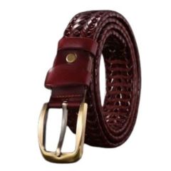 ASPALAND Men's Braided Belt with Retro Buckle, Genuine Cowhide Leather, Adjustable Length, for Business and Casual Wear (Wine Red)