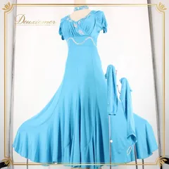 社交ダンス 衣装 スタンダード ドレス ワンピース パーティ衣装 女性用 オールシーズン Yundance 水色 ライトブルー系 派手 鮮やか 上品 ラインストーン キラキラ ドレスセット チョーカー アームカバー インナーパンツ 薄手 夏用 軽量 フィット感