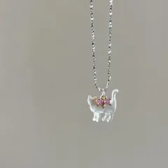 猫 リボン ピンクチャーム シルバーネックレス