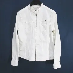 ジースターロウ G-Star RAW デニム調 ジャケット ライダース M 白系 ホワイト ジップアップ ロゴ 金具 牛革ラベルのサムネイル