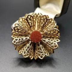 50's アールデコ レースフラワー サンドストーン ヴィンテージ ブローチ ゴールドトーン リボン フィリグリー装飾 USA製 YAP④-1