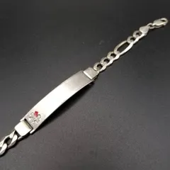 QGI イタリア ヴィンテージ メディカルアラート 長方形プレート 925 シルバー ブレスレット 銀 フィガロチェーン Medical Alert Y19-Z