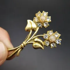 2輪のお花 花束 ラインストーン パール装飾 ヴィンテージ フラワー ブローチ ゴールドトーン レトロ Y21-B