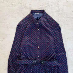 昭和レトロ＊幾何学小紋柄長袖ロングワンピース＊ネイビーベルト付き