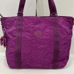 7345　KIPLING　キプリング　トートバッグ　 肩掛け　パープル系　紫　無地×ロゴ　 大容量　ナイロン　軽量　モンキーチャーム　 レディース