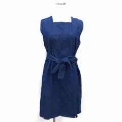 ラグナムーン LagunaMoon ワンピース ひざ丈 Aライン フリンジ デニム リボン S ノースリーブ 紺 ネイビー /NT14