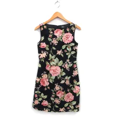 ローラアシュレイ LAURA ASHLEY フラワープリント ノースリーブ ワンピース フレア ひざ丈 リネン混 コットン混 黒 ブラック /NT11