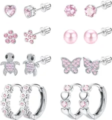 Jerywe 8-10ペア女性のためのハイポアレルギーネジバックイヤリング316Lステンレス鋼ハートCZフラワーバタフライネジスタッドイヤリングかわいいフープイヤリングセット20g