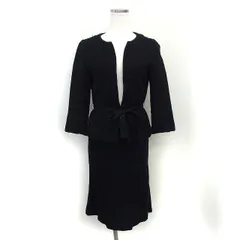 ユナイテッドアローズ UNITED ARROWS スカートスーツ セットアップ ツイード ノーカラー ジャケット 総裏地 リボン フレア ひざ丈 リネン混 コットン混 七分袖 36 黒 ブラック /NT14