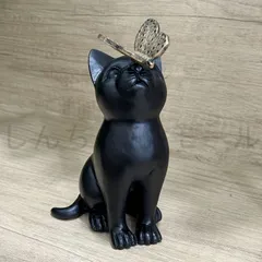 【新品?未使用】オブジェ 置物 蝶が止まっている黒ネコ 猫 ガーデンオーナメント インテリア 可愛い インテリア雑貨 室内 寝室 玄関 アニマ