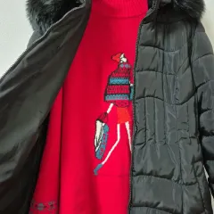 クリスマスLook セット ブラック ファー ダウン + 厚手 レッド ニット